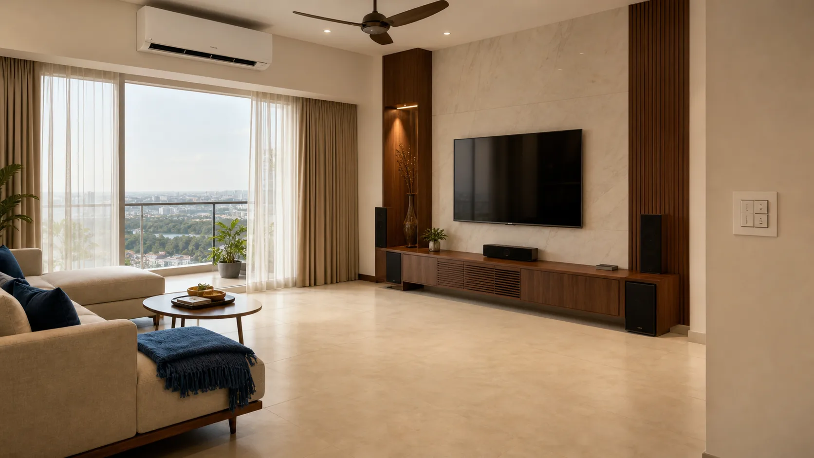 Contemporary Hyderabad living room with an AC, television, home-theatre speakers, curtains and existing wall switches